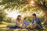 Family enjoying a picnic under a tree with leaves subtly transforming into money, symbolizing long-term financial growth