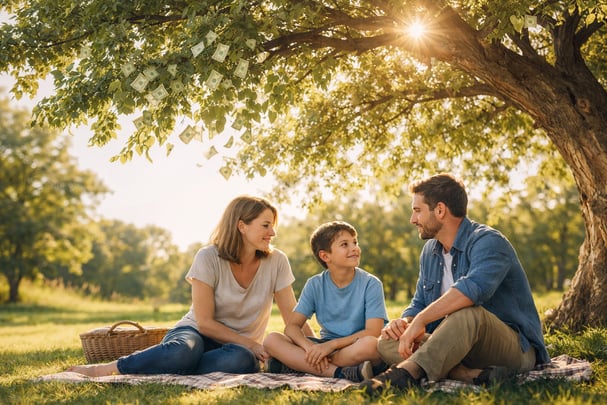 Family enjoying a picnic under a tree with leaves subtly transforming into money, symbolizing long-term financial growth