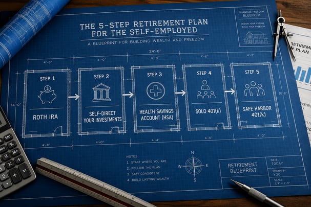 Blueprint-style illustration of a retirement savings plan with financial charts, investment symbols, and tax-free growth concepts, representing a strategic roadmap for building long-term wealth through retirement planning.
