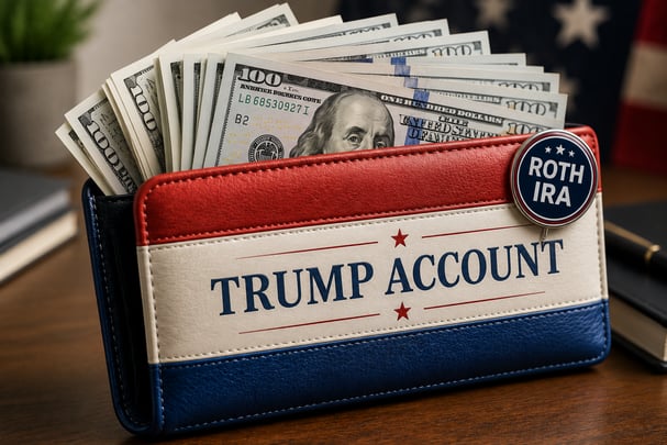 Red, white, and blue wallet labeled “Trump Account” overflowing with cash and featuring a small “Roth IRA” pin, symbolizing long-term wealth building.