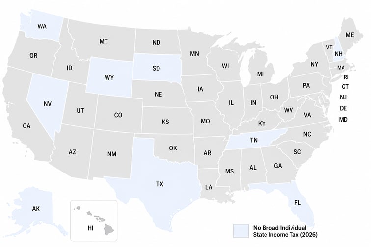 No Income Tax States Map 2026