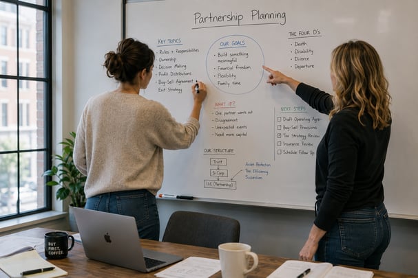 Two women collaborating on a partnership agreement with a whiteboard