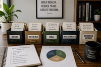 A clean desk with several organized financial folders or containers labeled Roth, HSA, 401(k), Investments, and Business Income, representing multiple financial “buckets” for wealth building and tax strategy.