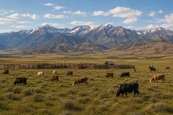 Cattle on open ranch with rancher on horse in background, representing ong of the possible alternative investments that can be owned in a self-directed retirement account.