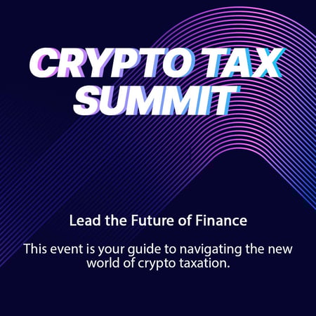  Crypto Tax Summit virtual event with tagline “Join the digital revolution” on a futuristic purple-striped background.