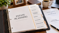 Open estate planning binder with organized financial, legal, and business documents.