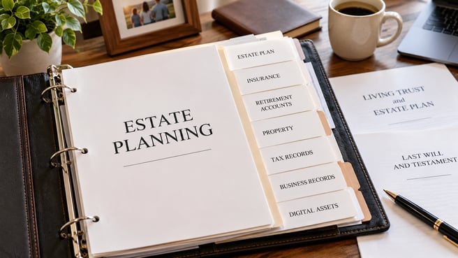 Open estate planning binder with organized financial, legal, and business documents.