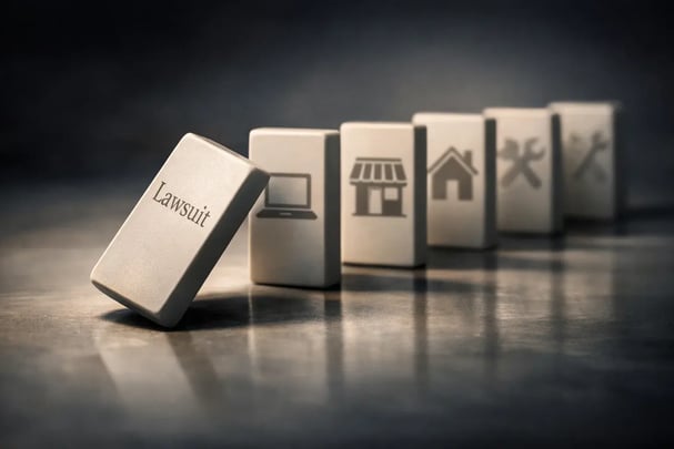 Close-up of a domino effect beginning with a falling piece representing a lawsuit, triggering a chain reaction toward multiple business elements in the background, symbolizing risk across a business structure