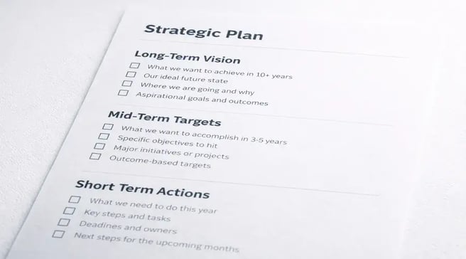 One page strategic plan outlining Long Term Vision, Mid Term Targets and Short Term Actions