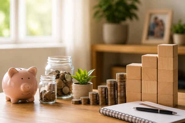 Piggy bank, coin stacks, savings jars, and wooden blocks representing a step-by-step retirement savings strategy.