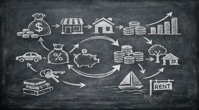 Chalkboard-style diagram showing how income turns into assets and long-term wealth through ownership and smart money habits.