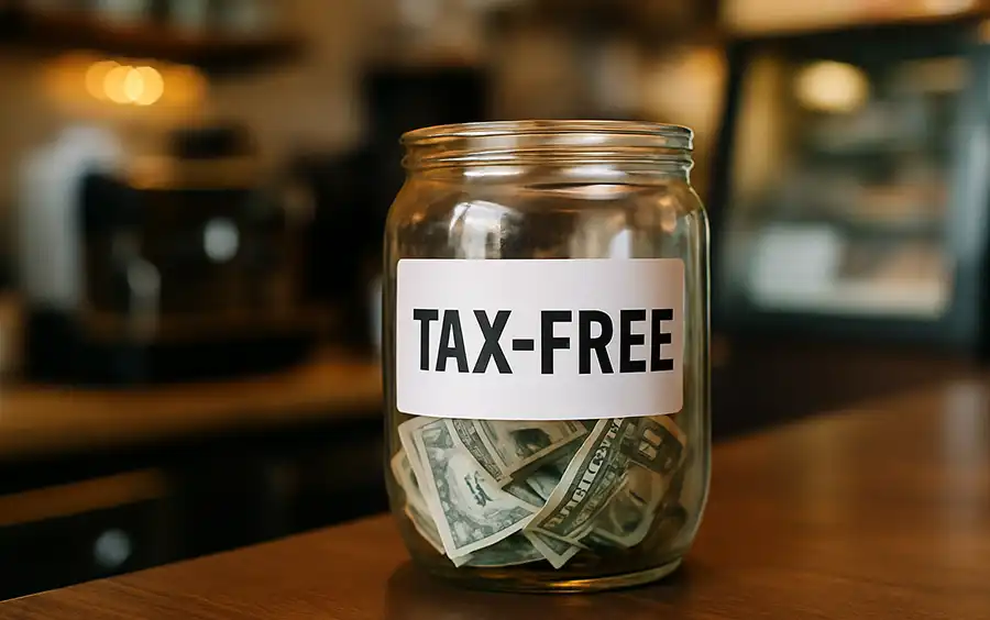 Tip Jar on Bar with money and Tax Free written on the jar