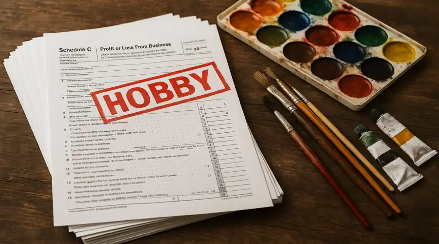 Stack of tax papers stamped "HOBBY" beside paint brushes and paint palette.