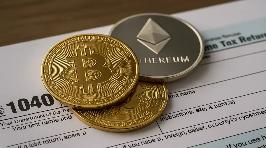 Cryptocurrency coins stacked on top of an IRS Form-1040