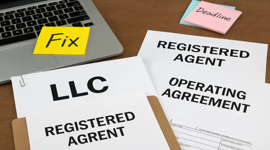 Scattered papers on a desk labeled "LLC," "Registered Agent," and "Operations Agreement" with sticky notes.
