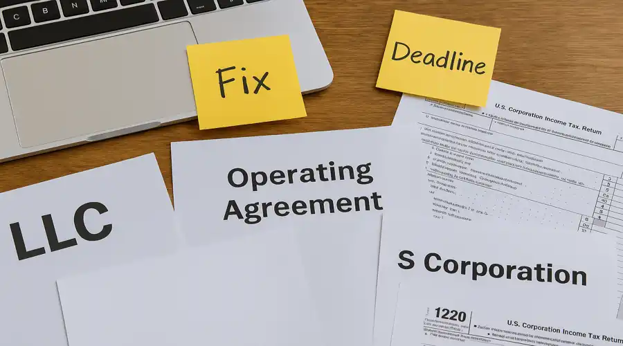 Scattered papers on a desk labeled "LLC," "Registered Agent," and "Operations Agreement" with sticky notes.