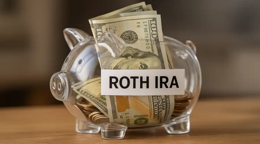 Clear glass piggy bank labeled "Roth IRA" filled with money