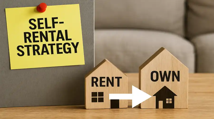 A sticky note labeled "self-rental strategy" and two small buildings, one that says "rent" with a bold arrow pointing to the other that says "own"