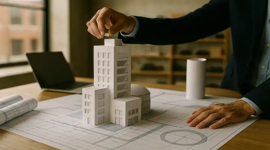 Wide shot of a modern architectural model being built on top of blueprint documents, symbolizing a strong financial foundation.
