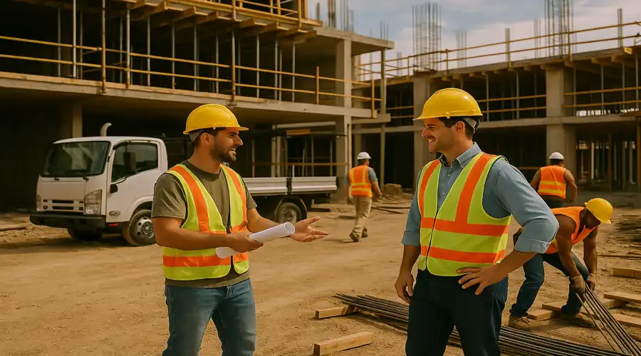 Team of construction workers convening at a job site