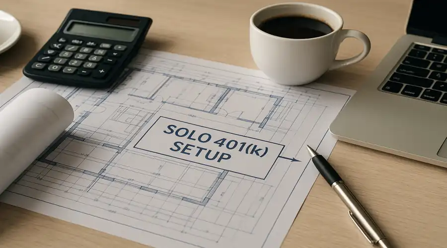 A blueprint document on a desk labeled "solo 401k set up" on a desk beside a laptop and calculator