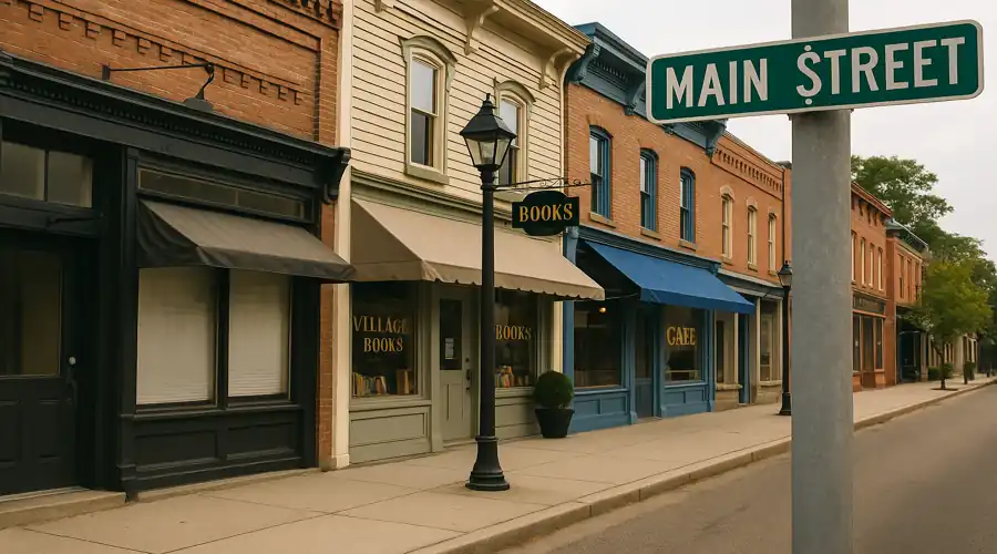 A line of small-town business storefronts with a street sign labeled "Main Street"